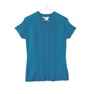 Nike Golf Fit Dri Turquoise Blue Cable Knit V Neck Short Sleeve Sweater Top Med